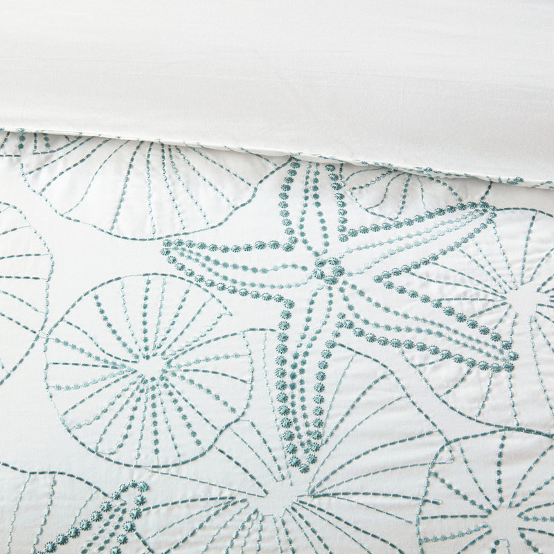 White 100% Cotton Duvet Cover Full/Queen - Dark & Sand Dollar Embroidery For Beachy Chic, Button Closure, 4 Inner Ties, , 2 Shams Coastal Cottages, And Embroidery, Standard