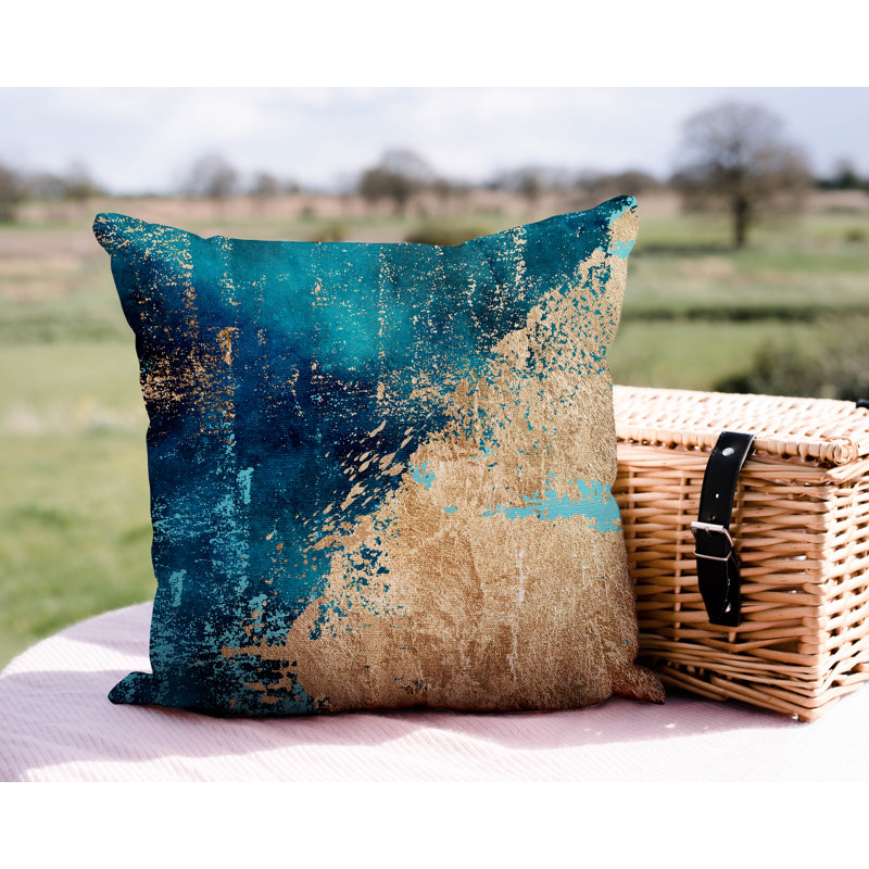 Coussin intérieur / extérieur Lincolnwood, H 15 po x l 15 po, Turquoise / or