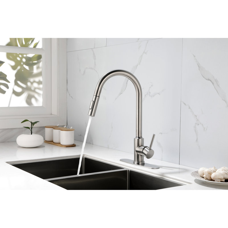 Robinet de cuisine en nickel brossé avec bec rétractable - Acier inoxydable, buse pivotante à 360 ° pour un débit d'eau uniforme, contrôle de la température et du débit à une seule poignée, surface de corrosion rétractable rotative optimale