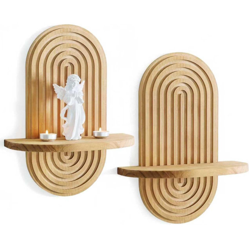 Set Of 2 Boho Floating Shelves With Arched Design, 3D Wood Wall Mounted Storage For Living Room, Bedroom, Nursery, And Office Decor