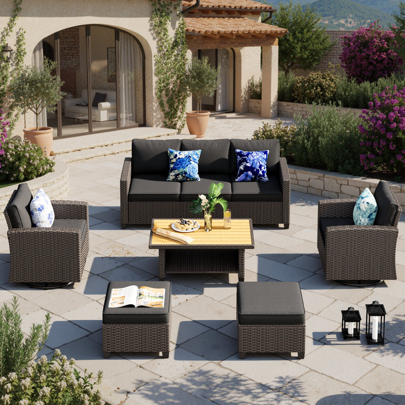 6 Pieces Patio Furniture Set, Outdoor Wicker Sofa Couch With Swivel Chairs 40" Coffee Table, High Back Modern All Weather Conversation Sets Dark Gray