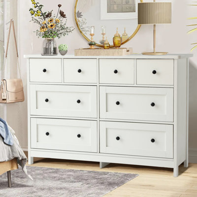 Wide 8 Drawer Dresser, 47" Long Dresser Tv Stand With Black Metal Knob And 8 Storage Drawers, Wood Chest Of Drawer Organizer Cabinet For Bedroom, Hallway, Living Room