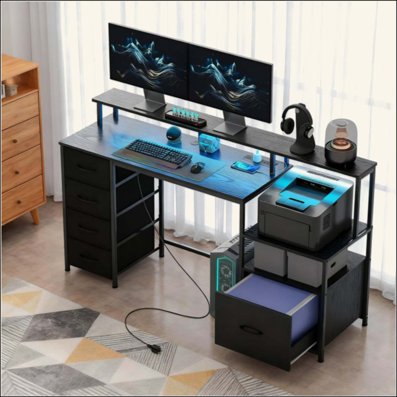 Computer Desk With File Cabinet And Drawers For Home And Office | Gift Idea, Distressed Black