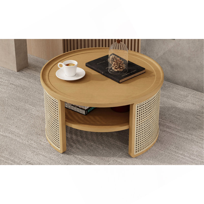 Table basse en bois naturel et rotin avec rangement et bord arrondi