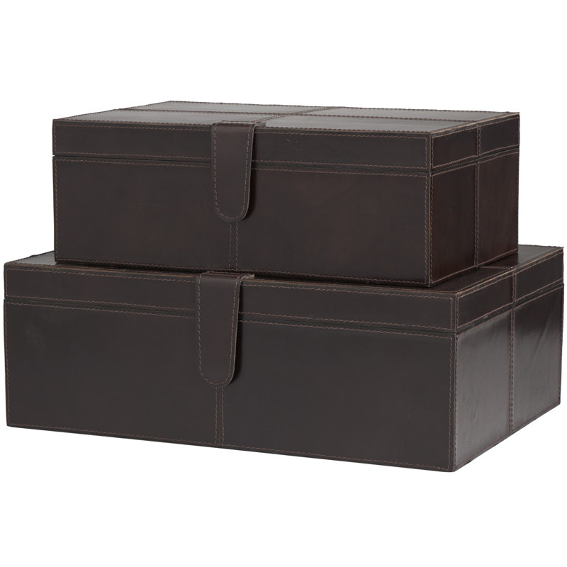Brownsburg 2 Piece Handmade Faux Leather Decorative Box Set, Dark Brown, 6.05" H x 12.15" W x 17.05" L