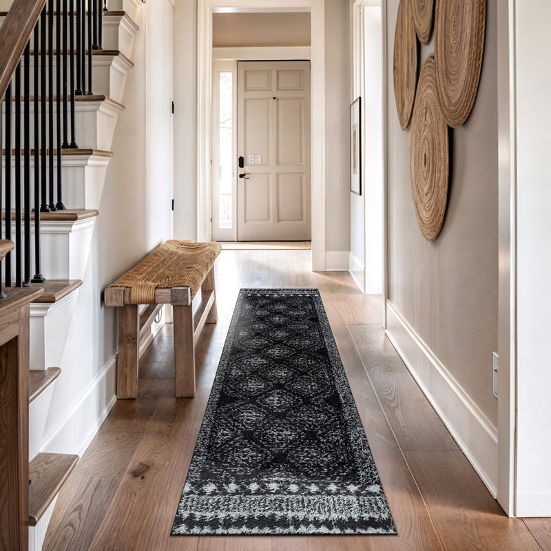 Tapis à poil long géométrique gris anthracite foncé - velours moyen, texture douce, adapté aux enfants