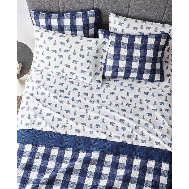 Ensemble de draps 100% coton 200 fils, Ensemble de draps pour lit simple avec 1 taie d'or, Ours et arbres