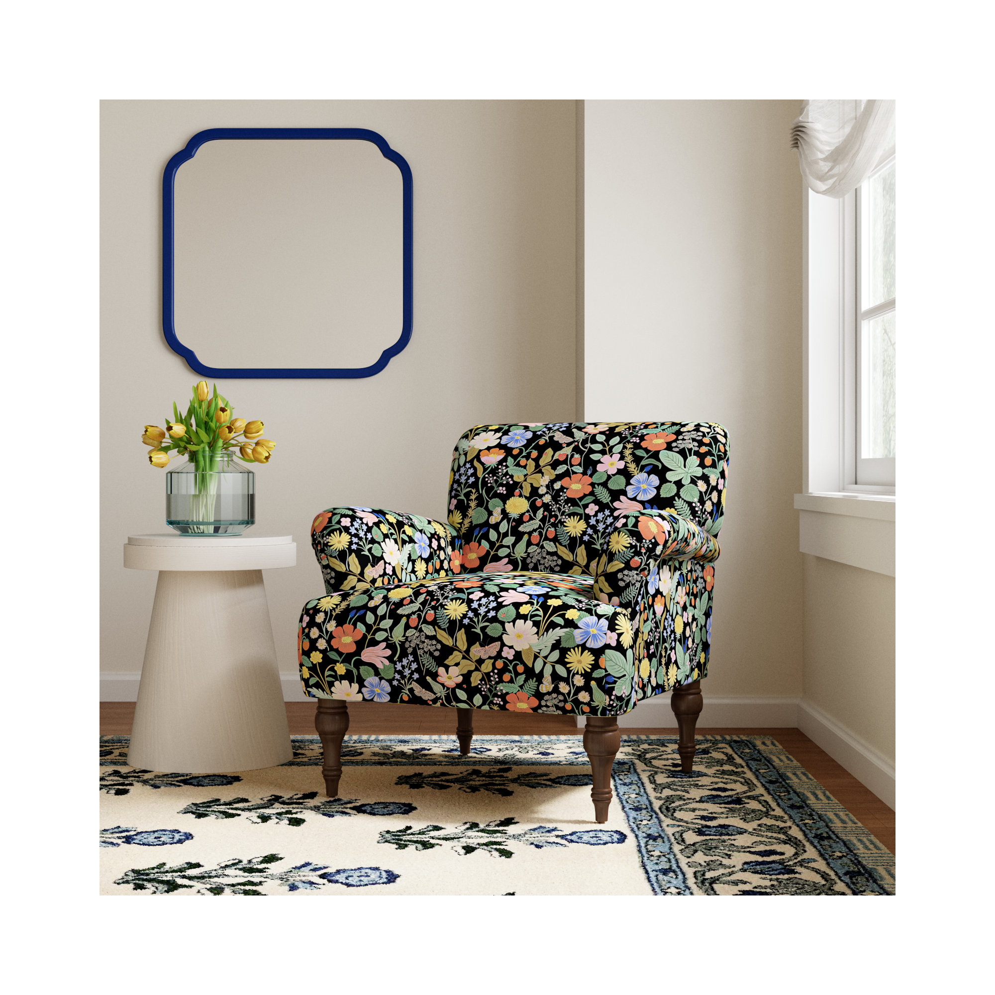 Rifle Paper Co. x Cloth & Company Bristol Armchair, Espresso, Black Strawberry Fields Linen Blend