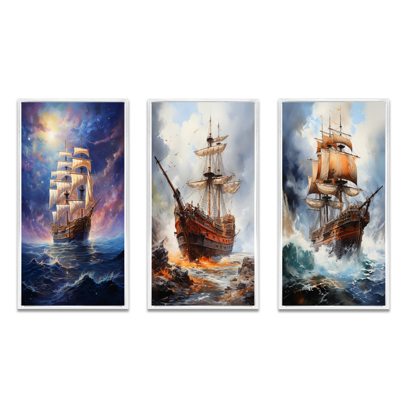 «Pirate Oceans Embrace», 3 pièces sur toile, Cadre flottant blanc, H 32 po x l 48 po