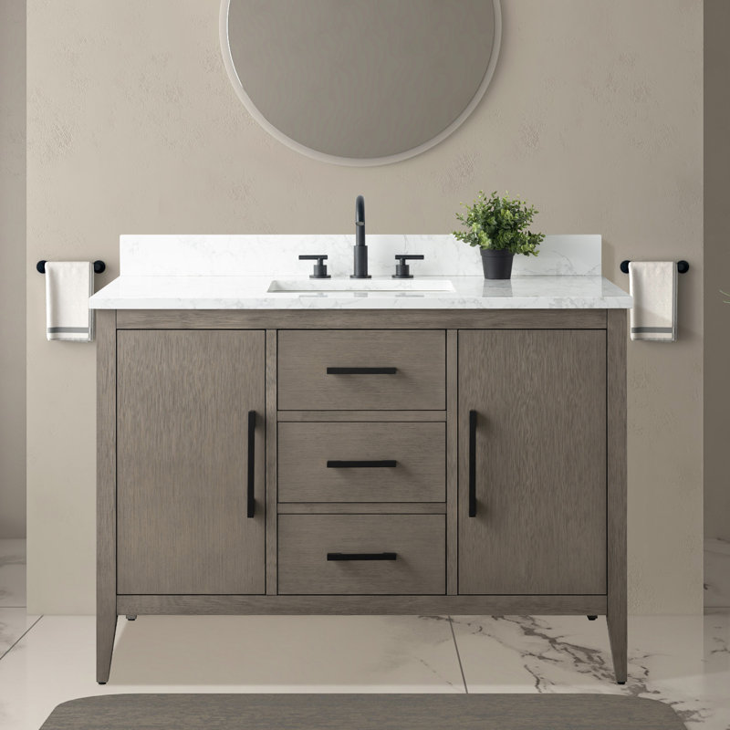 Meuble-lavabo simple 48 po avec plateau en marbre, Bois flottant gris, Noir mat