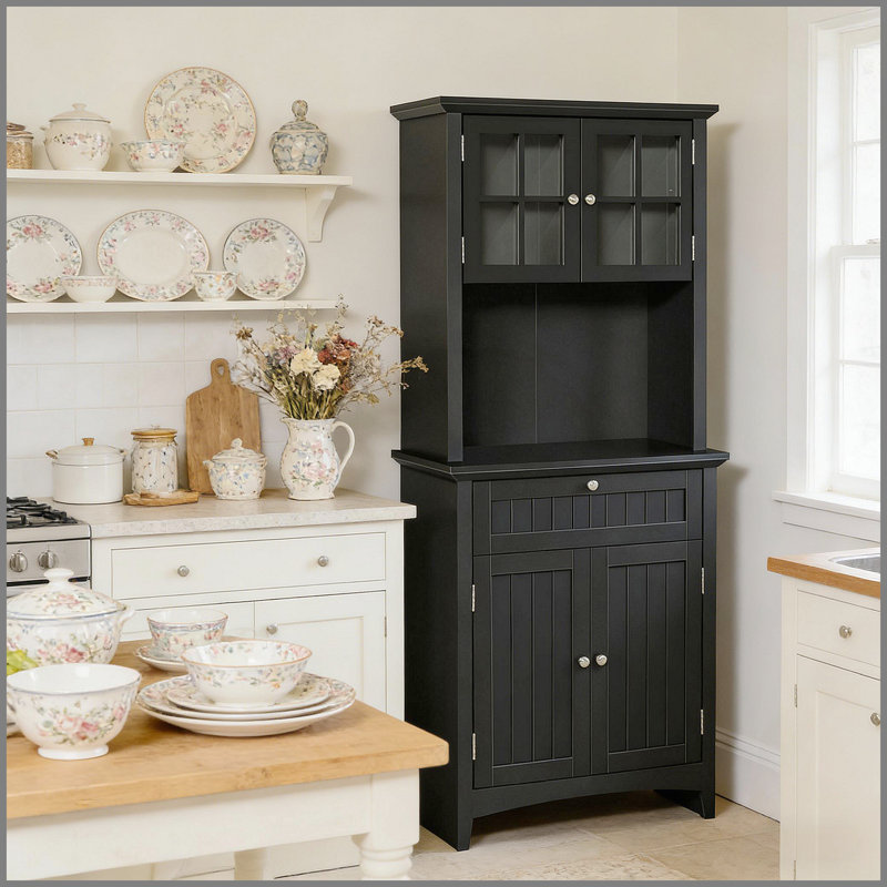 Garde-manger de 64,5 po Boaz, buffet élégant avec huche, armoire de rangement pour garde-manger avec porte en verre encadrée et espace pour micro-ondes