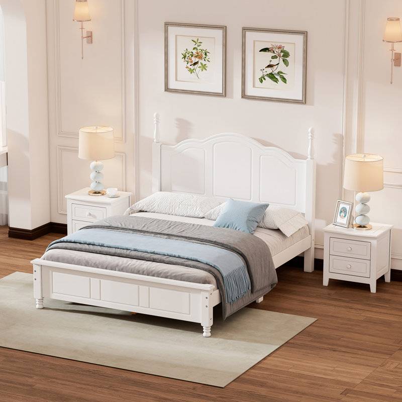 Ensemble de 3 chambres : Lit plateforme en bois (taille standard) et deux élégantes tables de chevet - Blanc et soigné