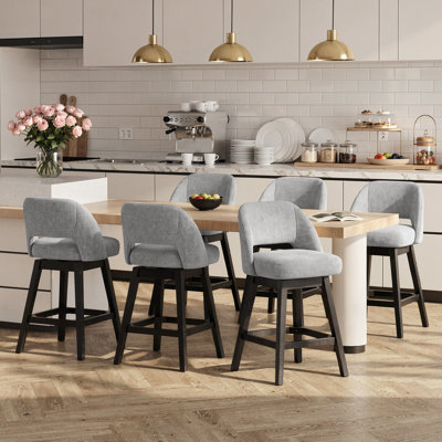 Tabouret de comptoir pivotant rembourré avec structure en bois massif et dossier courbé, ensemble de 6