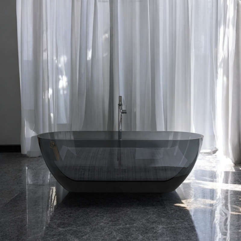 69" x 29.5" Solid Surface Stone Resin Freestanding Soaking Bathtub, Transparent Gray Blue