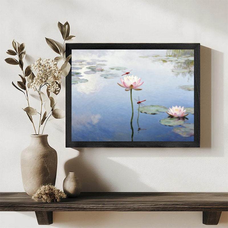 Reproduction d'art encadrée noire de fleurs de glycine rétro reflétée sur l'eau, H 37 po x l 25 po