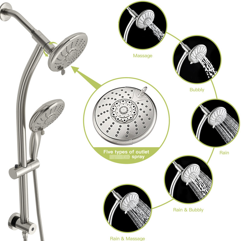 Brushed Nickel 5" Shower Head With Handheld And Adjustable Slide Bar - 5 Settings For Custom Bath Dual Modes Personalized Time