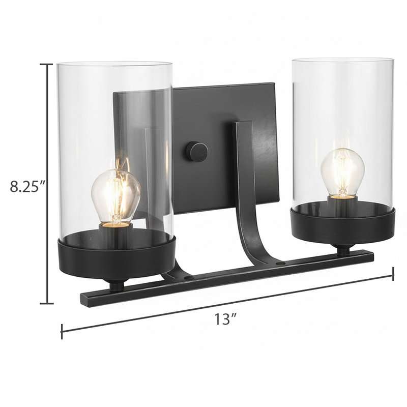 Éclairage pour meuble-lavabo 2 lumières à finition noire avec abat-jour en verre transparent, H 8,25 po x l 13 po x P 5,5 po