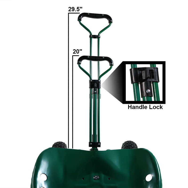 Rolling Garden Cart with Extendable Steering Handle Swivel Seat & Basket - Green, Green