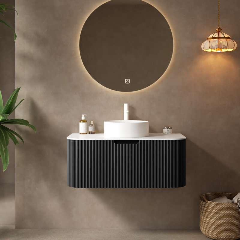 Meuble-lavabo de salle de bain avec lavabo, armoire de rangement de salle de bain moderne à bordures courbes et flottantes avec tiroir, lavabo rond en céramique blanc sans robinet, pré-assemblé