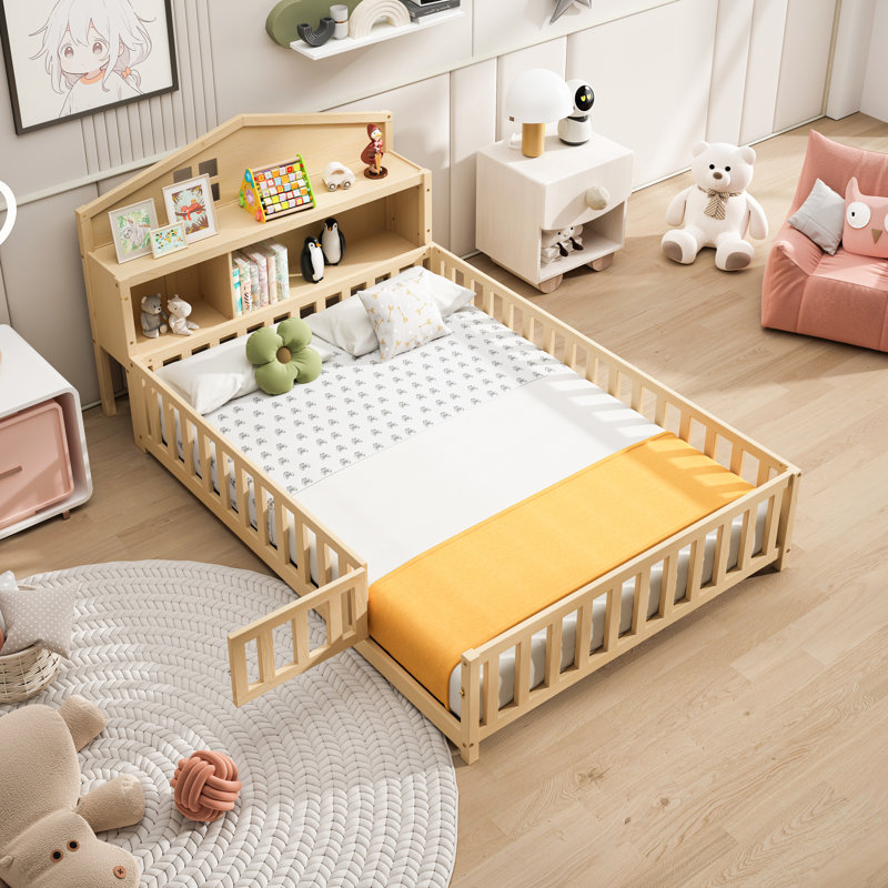 Nestor Montessori Floor Bed With Bookcase And Chalkboard, Plywood And Pine Wood, Natural