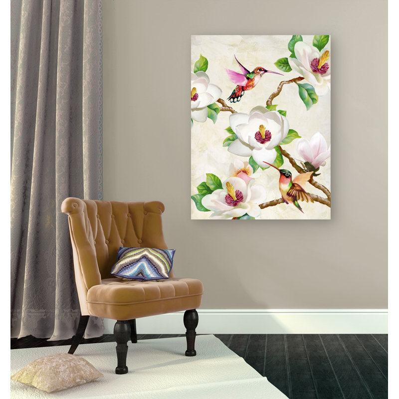 Magnolia And Humming Birds by Terry Wang - Wrapped Canvas Painting, 80cm H x 60cm W x 4cm D