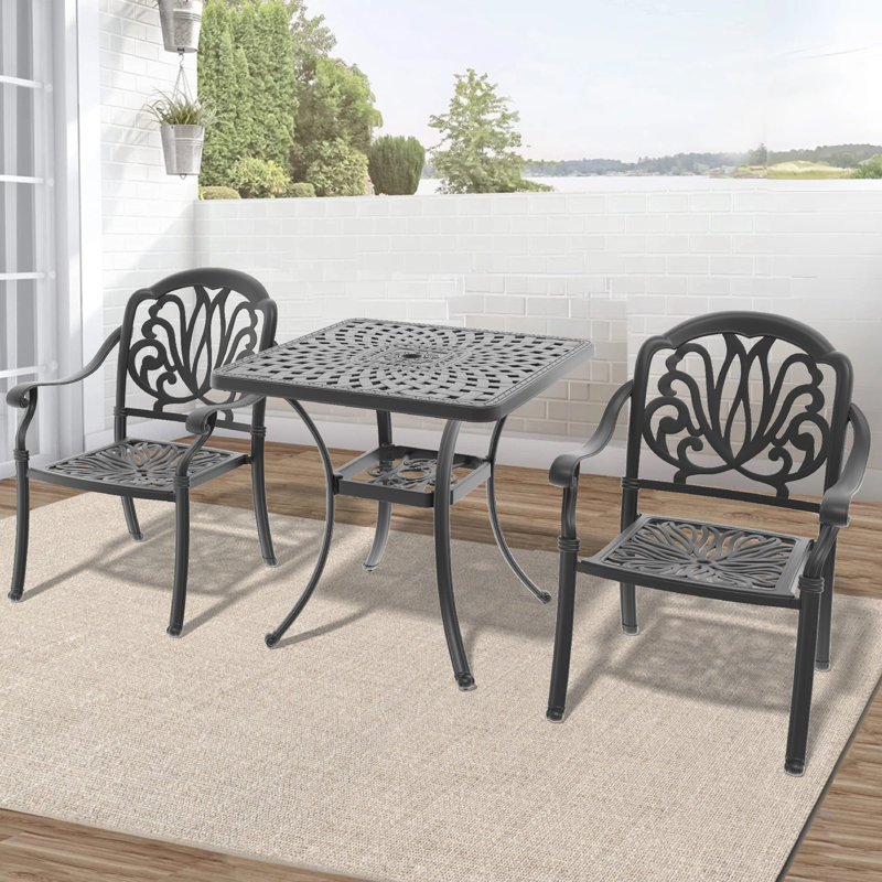 Ensemble de salle à manger carré en aluminium coulé avec trou pour parasol et coussins bruns Anjo 30,71 "L, 2