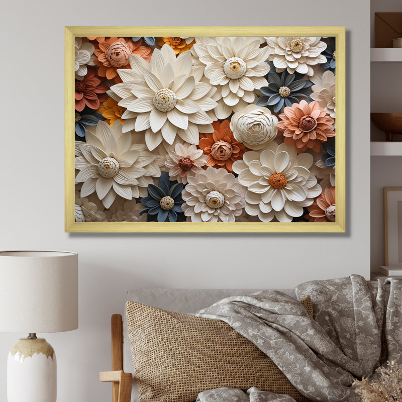 Minimalisme beige, collage Zinnias sur toile, Cadre doré simple, H 12 po x l 20 po x P 1 po