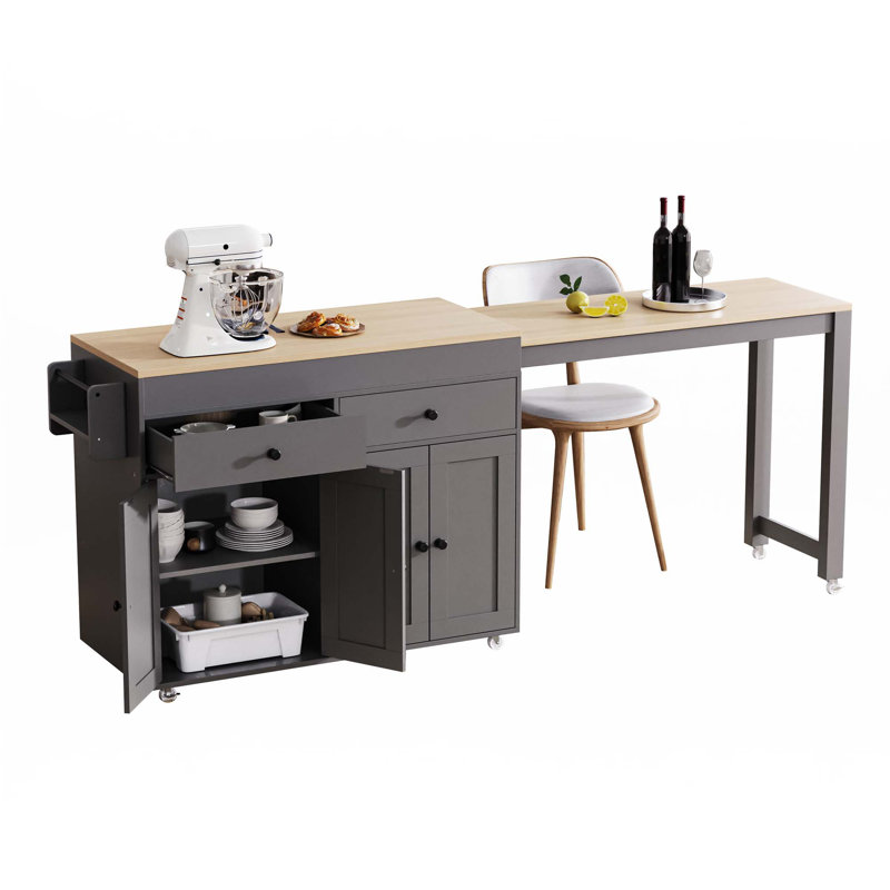 74.5 Inch Kitchen Island With Extendable Dining Table ,Wheels With Spice Rack And 2 Drawers, Gray