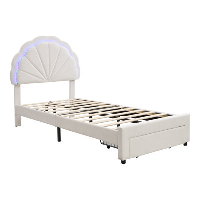 Upholstered Bed With 2 Drawers And Led Beige Velvet