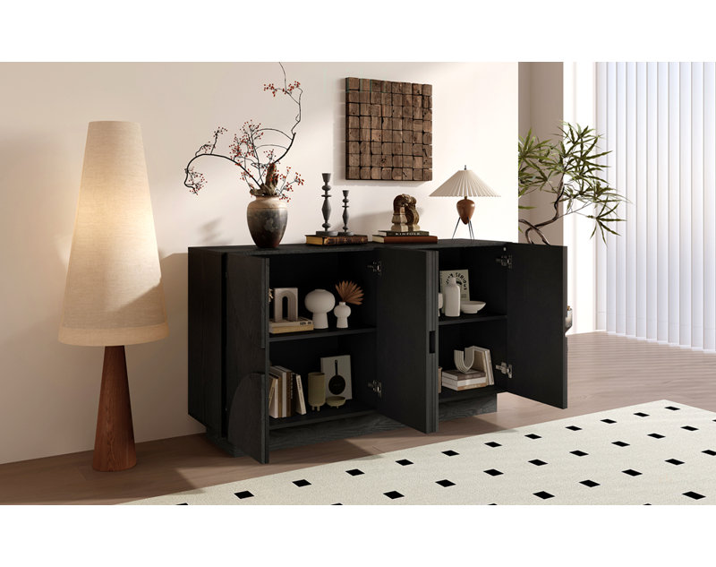 Grand buffet de rangement à 4 portes, armoire en bois avec poignées semi-circulaires et tablettes réglables pour différentes pièces