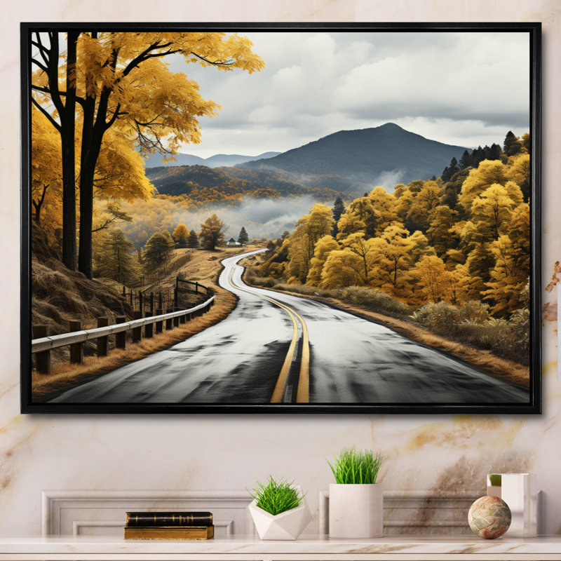 Route à travers la forêt jaune I sur toile, Cadre flottant noir, H 12 po x l 20 po x P 1 po