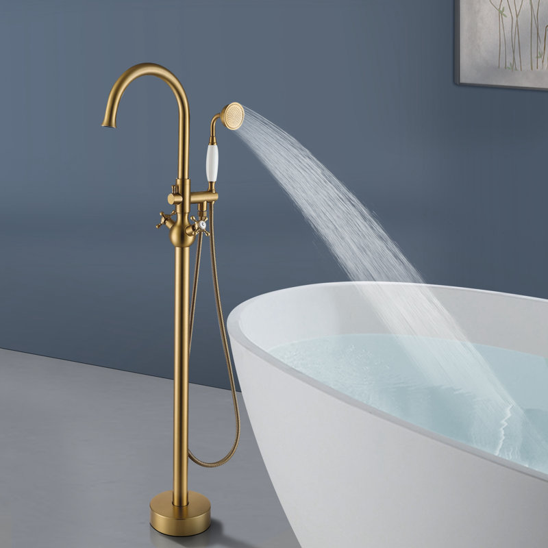Topcraft Double Handle Floor Mounted Freestanding Bathtub Faucet Tub Filler with Handheld Shower, Brushed Brass