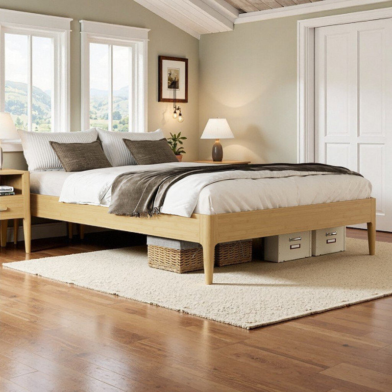 Solid Bamboo King\Queen\Full Platform Bed Frame, Noise-Free Support & Storage, Naturel, Grand lit