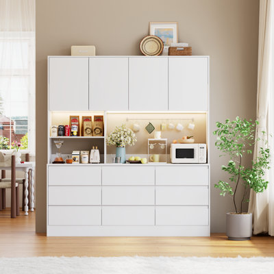 Armoire de cuisine avec station de charge, huche de cuisine avec comptoir de 70,87 po de largeur, garde-manger avec tiroirs et tablettes pour le salon, blanc