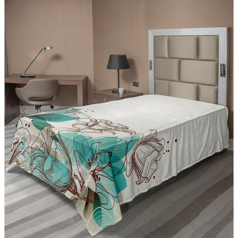 Ambesonne Orient Top Flat Sheet Mosaic Motifs, King Flat Sheet, Beige/Teal Floral