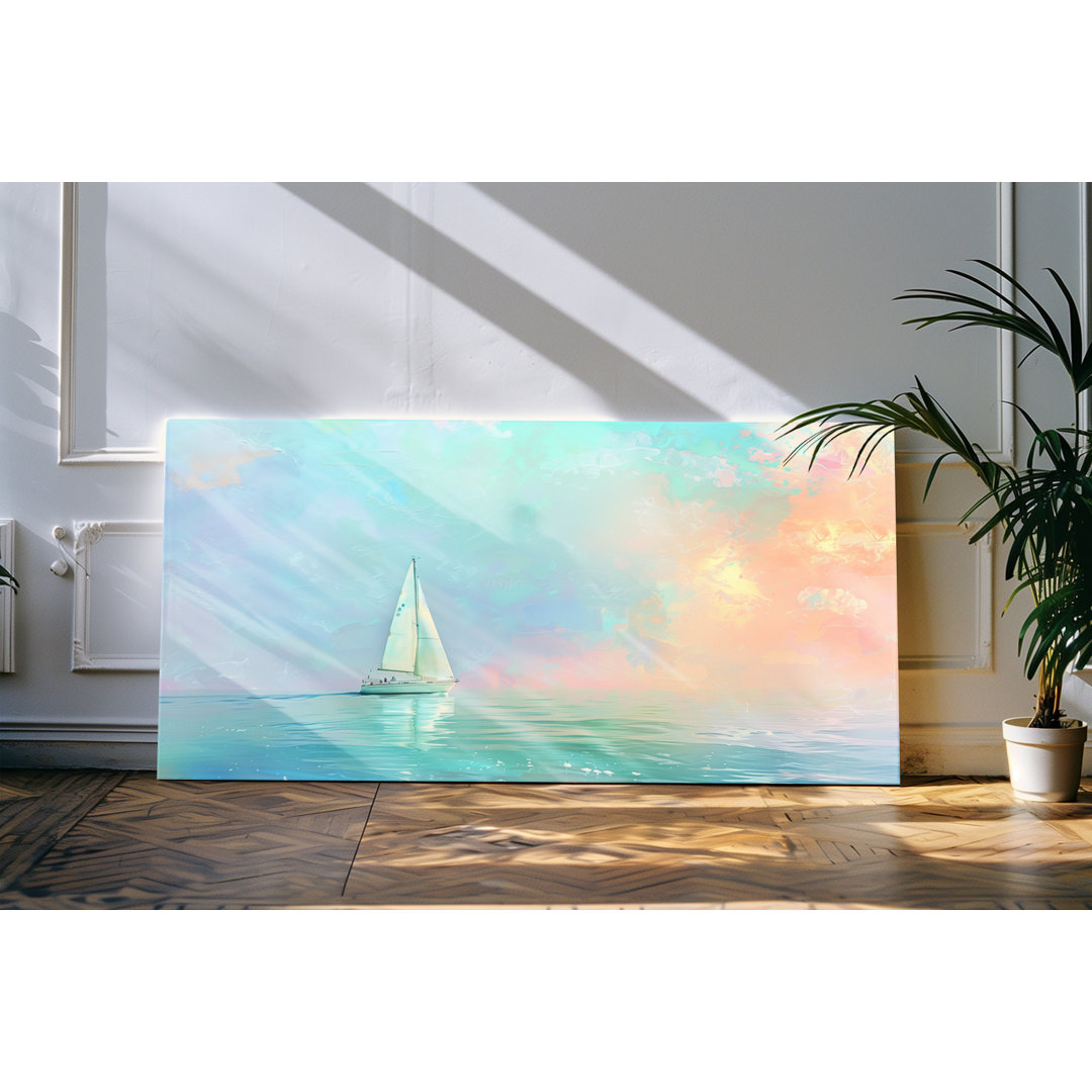 Leinwandbild gerahmt 120x60cm Segelboot Meer Horizont Kunstvoll Sonnenuntergang