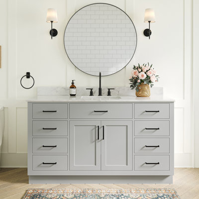 Meuble-lavabo simple en bois massif 60 po avec lavabo en marbre de Carrare 0,75 po Jameal