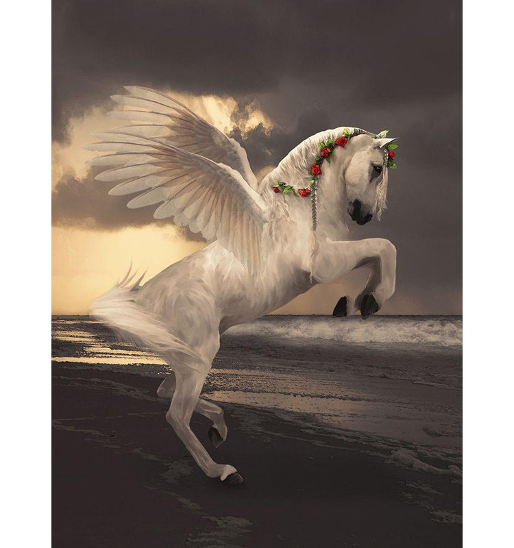 Trinx Babette Gallery Wrapped Canvas Art Titled: Pegasus With Roses, 47" H x 36" W