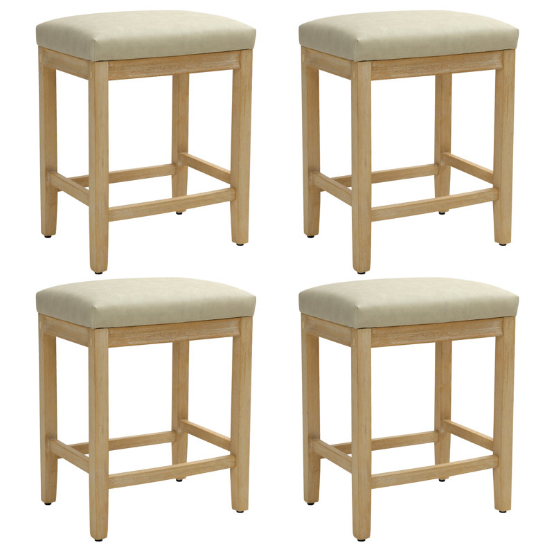 24 Inch Upholstered Faux Leather Soft Cushion Wooden Kitchen Island Counter Height Barstools, Beige Leather/Wood Frame