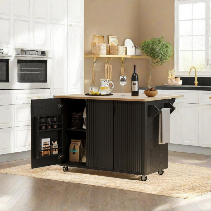 Fluted Kitchen Island with Drop Leaf, Black