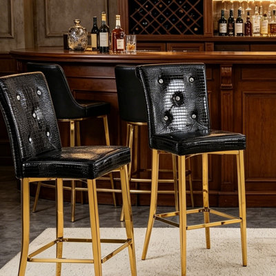 Black And Gold Crocodile-Patterned Bar Stools — Featuring Crystal Tufting, A Retro-Chic "Light Luxury" Style — Set Of Two