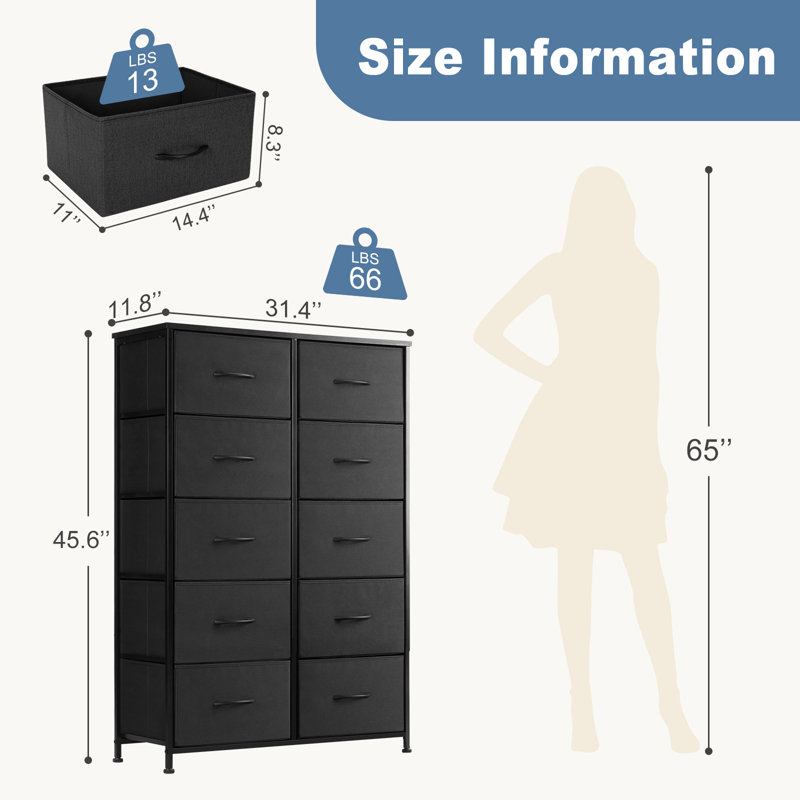  Tall Dresser for Bedroom Tall Fabric Dresser with Wooden Top - Tall Drawers, Sturdy Storage Tower for Bedroom, Closet, Nursery, Entryway, Kids Room