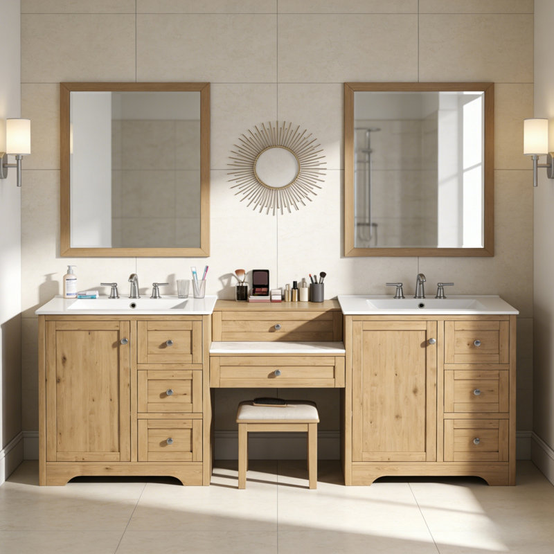 Meuble-lavabo double 84 po avec comptoir en quartz et prises de courant encastrées 84 po, Bois naturel