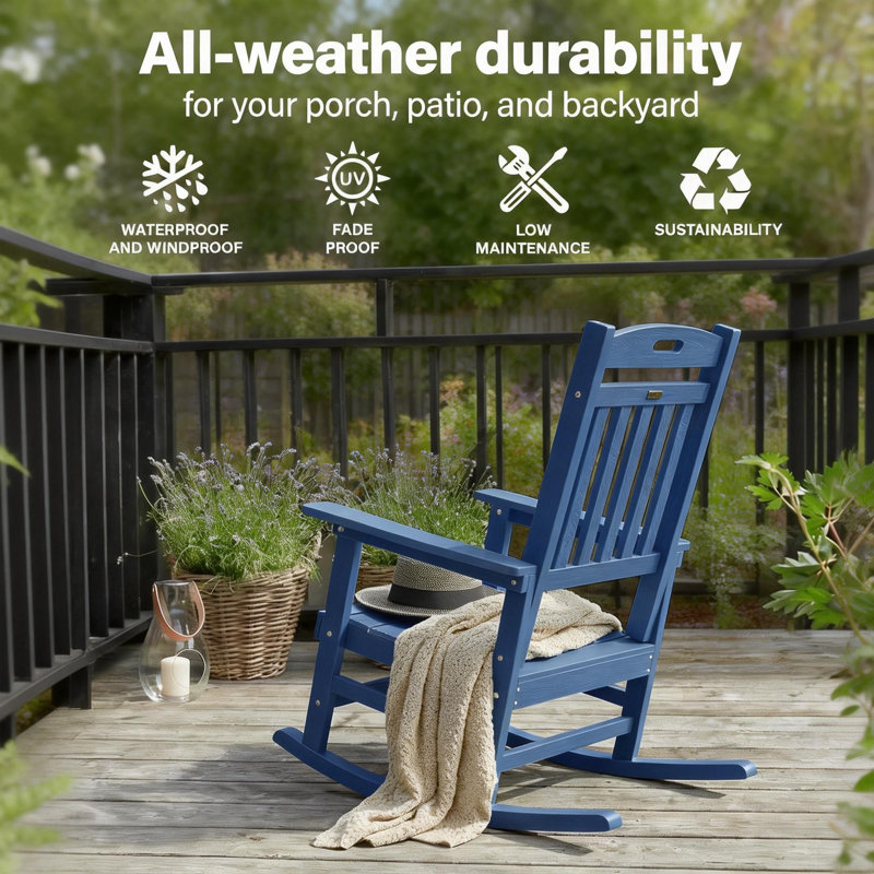All Weather Porch Adirondack Rocking Chairs Outdoor Patio Rocking Chair Rocker Lawn Chair for Adult, Navy