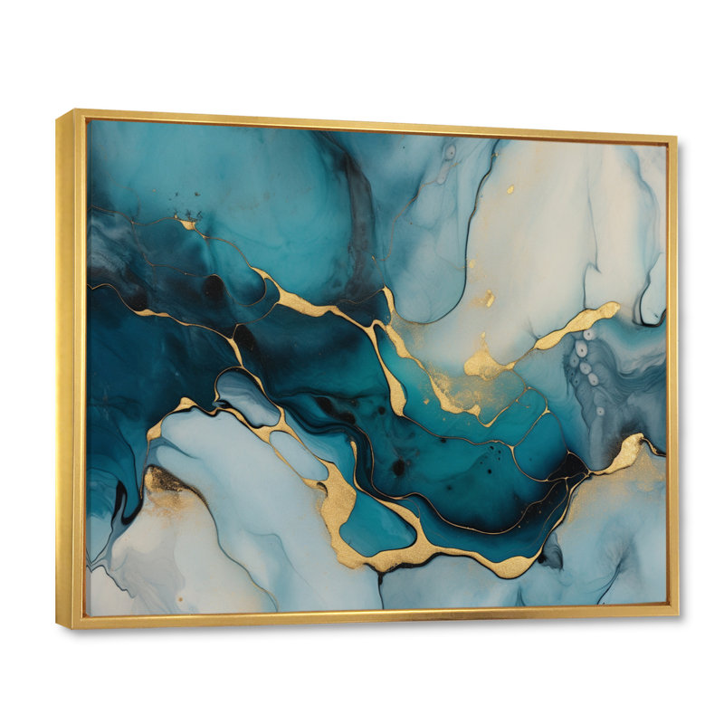 Impression sur toile encadrée turquoise or infusée IV - Fractales, Cadre flottant doré, H 24 po x l 32 po x P 1 po