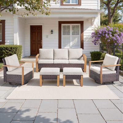 Allcot Outdoor 5-Piece Sofa Seating Group With Swivel Glide Chair With Cushions by Latitude Run