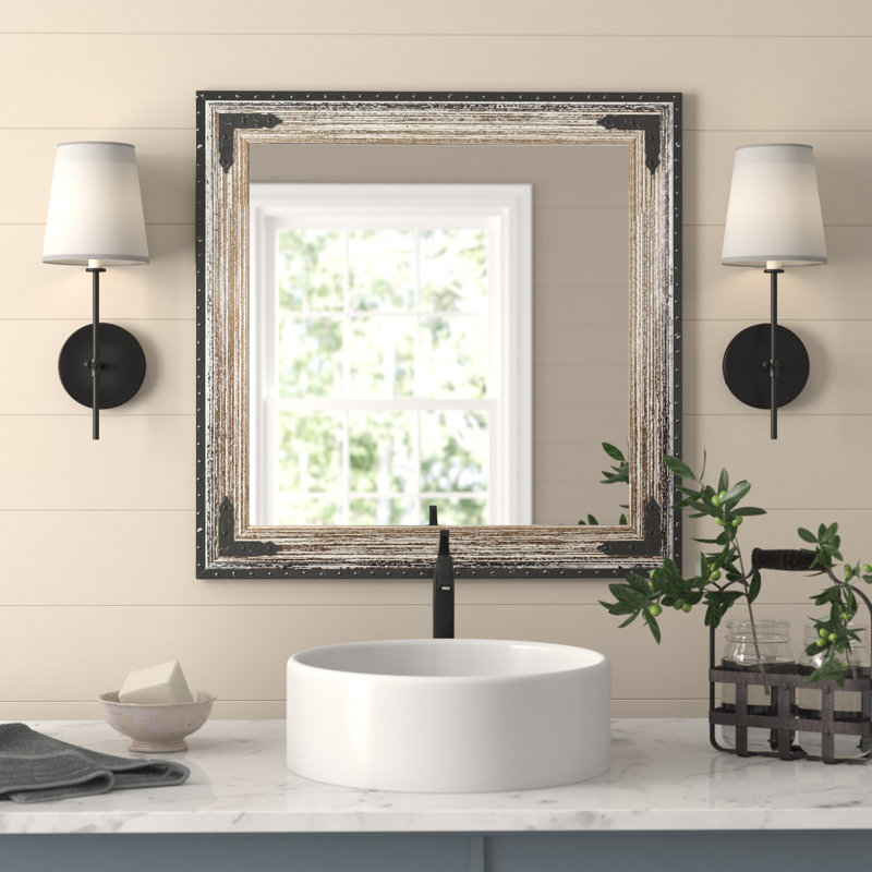 Umstead Solid Wood Flat Wall Mirror, 25.5" H x 25.5" W, Brown/Cream Distressed