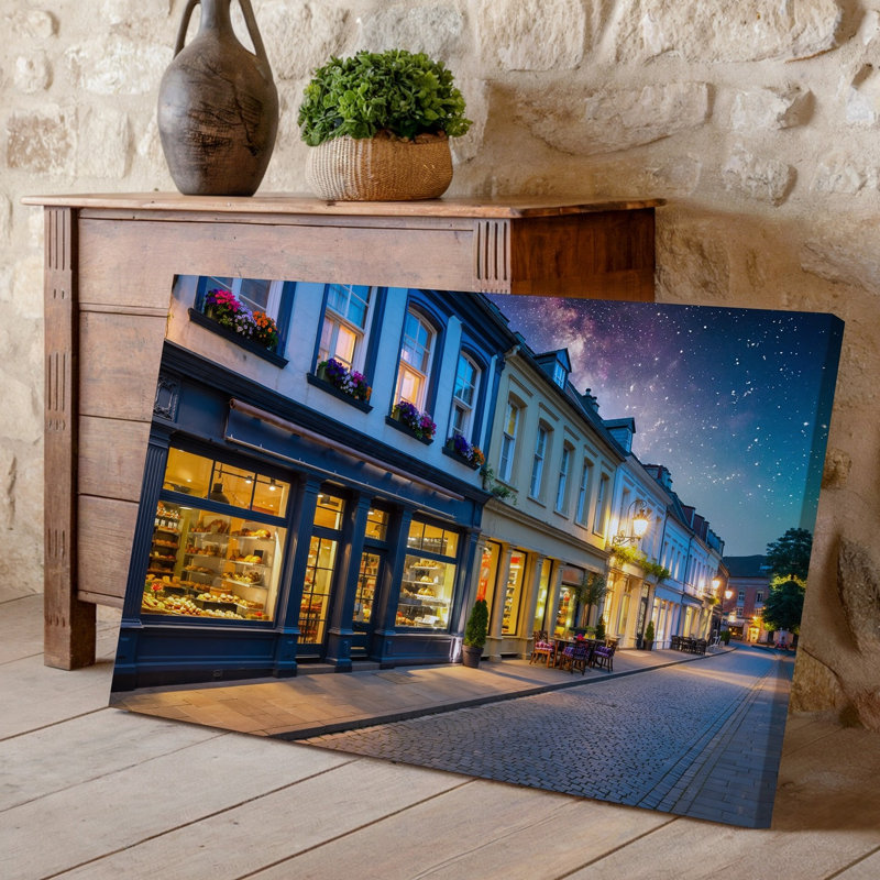 Toile, une charmante scène de rue pittoresque la nuit avec une rangée d'art mural de boutiques confortables avec de grandes fenêtres illuminées affichant une toile d'art mural