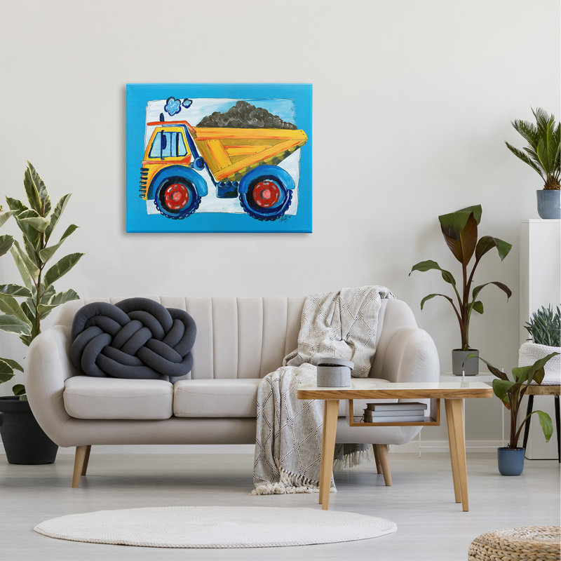 «The Kids Room» par Stupell, camion à benne basculante jaune avec bordure bleue XXL, H 30 po x l 40 po, Toile tendue