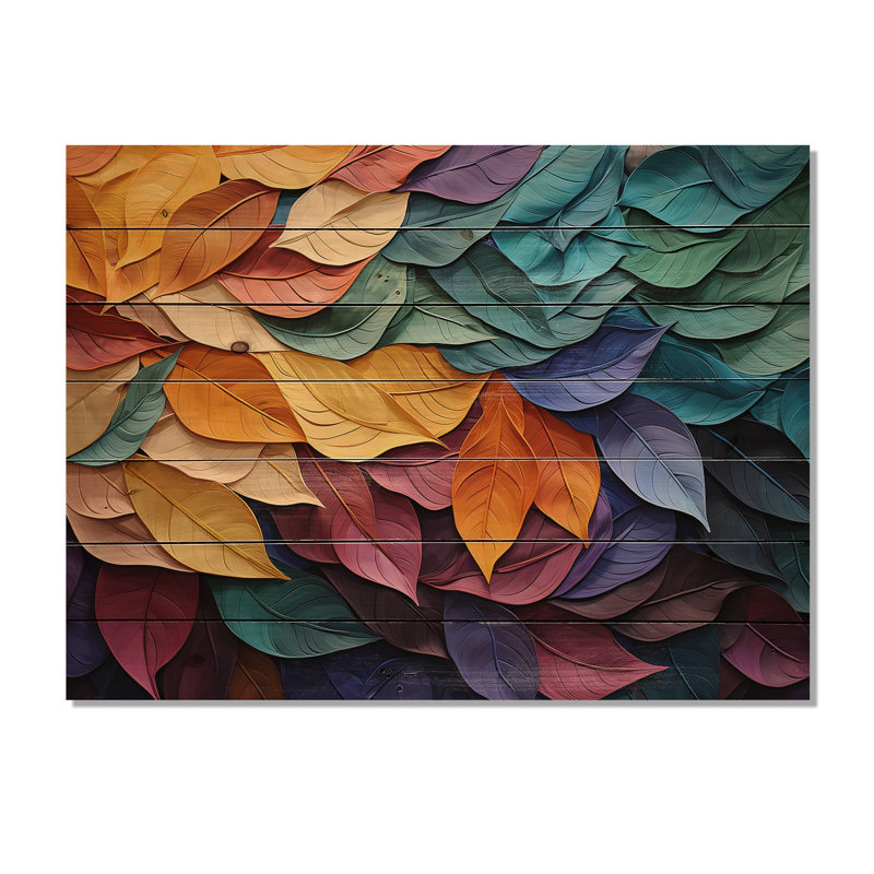 Collage de feuilles colorées III sur bois, H 10 po x l 20 po x P 0,78 po